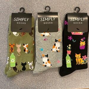Simply Socks Cute Cat Crew Socks - 3 Pack (Green, Gray, Black)